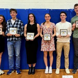 BRHS indoor track athletes and their awards. From left to right, Abbie Clark (Coach's Award), AJ Crocker (MVP), Rose Campbell (MVP), Karen Higgins (Most Improved), Cleyton Splaine (Coach's Award), and Neal Baldwin (Most Improved). Courtesy Leah Plummer 