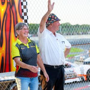 Boss Hogg Pre-Race: Track owner Vanessa Jordan, left, greets drivers and fans before the start of the 2024 Boss Hogg 150. Jasen Dickey Photography 