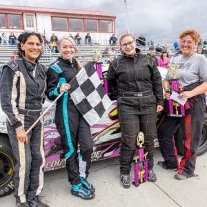Fall Fury: The Ladies Acceleration Tour made their first trip to Wiscasset Speedway in 2024. From left: Series founder Betty Nelson, Breanna Tucci, Chloe Kiley and Kasie Kolbe. Jasen Dickey Photography