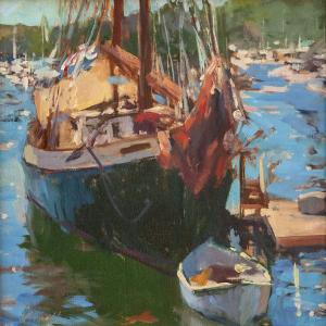 "Angelique at the Dock"  by Roberta Goschke, oil, 12” x 12” is among the artist's work now at Sylvan Gallery in Wiscasset. Courtesy of Ann Scanlan
