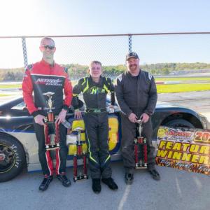 Late Model Victory Lane, from left: Chad Dow, Daniel Harding and Shane Clark. Jasen Dickey Photography