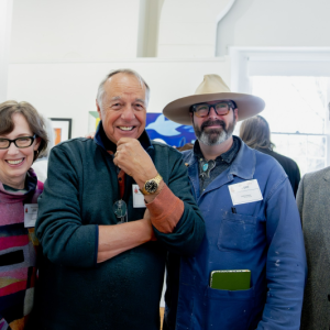 Artist Carolyn Gabbe, humorist Tim Sample, show curator Matthew Barter, and MAG Board Chair Richard Riese at the opening reception for "Whimsy: Flights of Fancy" at the Maine Art Gallery. Photo by Bob Bond