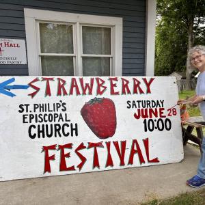 Beth Cowing-Young helps get ready recently for this Saturday’s Strawberry Festival in Wiscasset. Sharman Ballantine photo Sign