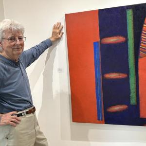 Belfast based improvisational artist David Estey at Studio 53 Fine Art in Boothbay Harbor. His show "Reimaged" is on exhibit through Sunday, Aug. 31. LISA KRISTOFF/Boothbay Register David Estey