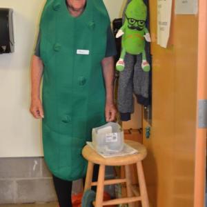 Poncho Bailey, of Knox, has been a restroom greeter for the last three years at the Common Ground Fair and loves it. "I meet a lot of people," she said. She wears different costumes each day and loves her volunteer post. (Photo by Lynda Clancy)