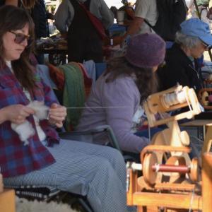 The Wednesday Spinners, "gutsy Down East women who spin every Wednesday at each other's homes, have been spinning together as a group at the Fair since 1978," said MOFGA. (Photo by Lynda Clancy)