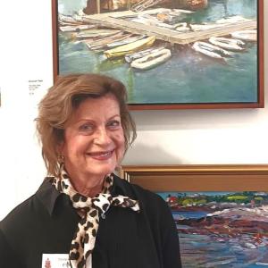 “The Boat Show,” oil on linen by Elizabeth Reed at the Maine Art Gallery, Wiscasset. Photo by Jonathan Lavan