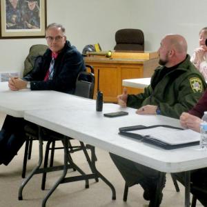 WCS Principal Jason Libby (l) and Jason Warlick, chief deputy for the Sagadahoc County Sheriff’s Office at Wednesday's select board meeting. PHIL DI VECE/Wiscasset Newspaper