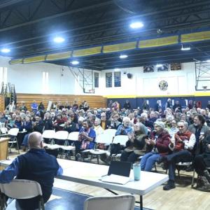 Governor Janet Mills speaks at the LCDC caucus at Medomak Valley High School on Feb. 28. Bob Crink photo