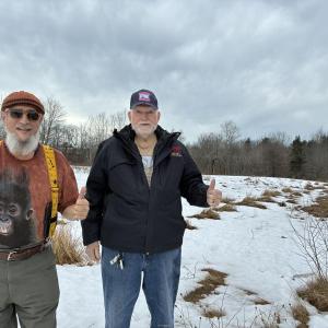 On this parcel on Wiscasset’s Route 27, prospective land donor Allen “Big Al” Cohen, left, and Boothbay V.E.T.S. founder Ed Harmon show their enthusiasm March 8 for the project   eyed to help veterans. SUSAN JOHNS/Wiscasset Newspaper