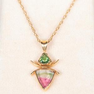 14K Gold and Watermelon Tourmaline Pendant Necklace