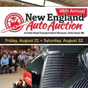 New England Auto Auction logo with dates, August 19-22 and photo of car with bidder in the background