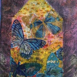 "Butterfly House,” monotype with tissue and beading by Deb Arter, who will lead a class in tissue paper collage at the Maine Art Gallery. Courtesy of the venue