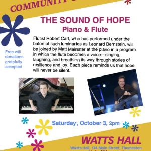 A colorful poster with information about the piano and flute concert. The text is transcribed in the body of this post.