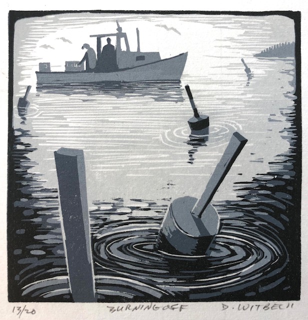 David Whitbeck’s “Burning Off” 0 two-color linocut on paper. Courtesy of Kerr+Jones David Whitbeck